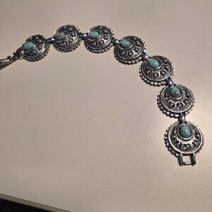 Vintage Sarah Coventry Silver-Tone Turquoise Concho Link Bracelet